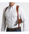 Law Enforcement brown leather vertical double shoulder holster worn under a light shirt, adjustable harness for balanced carry
