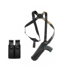 Black leather shoulder holster system with adjustable harness and matching double magazine pouch
