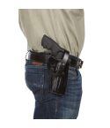 Black leather OWB hip holster worn on belt for strong-side carry