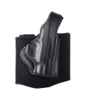 Black Leather Ankle Holster With Thumb Break front view showing molded leather body and padded ankle band