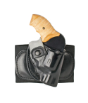Black Leather Ankle Holster With Wool Pad front view showing leather holster body and retention strap
