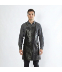 Front view of black leather bartender work apron worn by model