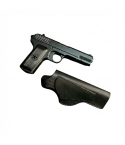 Black leather concealed carry belt holster with stitched design shown flat