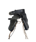 Black leather double revolver holster belt set shown with both holsters attached to belt