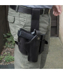 Black Leather Drop Leg Holster with Magazine Pouch angled front view
