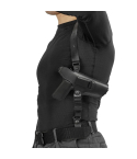 Black leather shoulder holster worn under the arm with TT Tokarev pistol, side view
