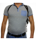 Black leather horizontal shoulder carry holster with adjustable harness