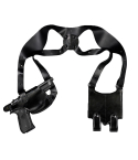 Black leather horizontal shoulder holster with double mag carrier and shoulder harness