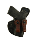 Black Leather IWB Holster With Bison Trim And Dual Snap Straps front view showing strong side carry profile and snap straps