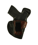 Black Leather IWB Holster With Bison Trim front view showing 15 degree forward cant and steel reverse J clip