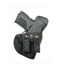 Black Leather IWB Holster With Dual Snap Straps front view showing forward cant and reinforced slide guard