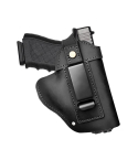 Black Leather IWB Holster With Metal Clip – firearm inserted – reinforced clip panel