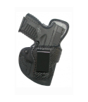 Black Leather IWB Holster With Shark Trim front view showing forward cant and reinforced slide guard