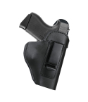 Black Leather IWB Holster With Steel Clip – front view showing smooth leather body and compact profile