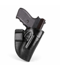 Black Leather IWB Holster With Extended Rear Guard front view showing molded leather body and open top