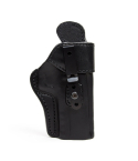 Black Leather IWB Holster With Metal Clip – angled front view – inside waistband carry design