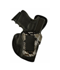 Black Leather IWB Holster With Python Trim – clip side view showing reverse J style attachment and python trim panel