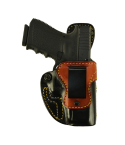 Black Leather IWB Tim Schmidt Signature Holster – front view – contrasting trim and stitched detail