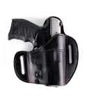 Black Leather Locking OWB Holster front profile showing belt slot design