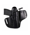 Black Leather Locking OWB Holster With Mag Pouch front view showing integrated magazine carrier