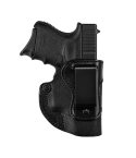 Black Leather Low Ride IWB Holster With Reverse J Clip – front view showing steel clip placement, tension screw, and rough side out leather