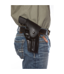 Black leather OWB hip holster worn on belt for strong-side carry