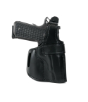 Black Leather OWB Holster With Thumb Break – angled view – molded leather retention