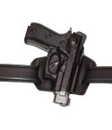 Black leather OWB pancake holster worn on belt with thumb break strap