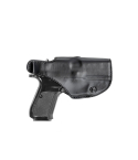 Black leather revolver holster shown on white background