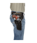 Black leather revolver belt holster with cartridge loops worn on hip