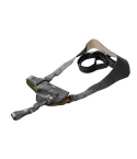 Black leather shoulder holster harness with adjustable straps laid flat on white background