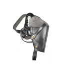Black leather shoulder holster worn on mannequin, showing cross-body carry position with integrated shell loops on shoulder strap for balanced weight distribution