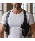 Black Leather Shoulder Holster with Double Magazine Pouch – front worn view