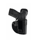 Black Leather Tuckable IWB Holster front view showing steel reverse J belt clip and leather extension