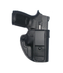 Black Leather Tuckable IWB Holster With Steel Clip front view showing straight drop design and adjustable retention screw