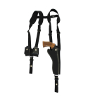 Black Leather Vertical Shoulder Holster full harness layout with dual speed loader pouch