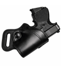 Black Leather Rear Guard Holster front angle showing belt slide slot and adjustable retention screw