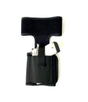 Black nylon ankle holster front view with retention strap and padded wrap design