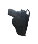 Black nylon belt clip holster left side view showing flexible body and retention strap