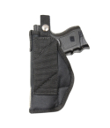 Black nylon cross draw holster front view with retention strap and compact fit