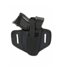 Black nylon hunting pancake holster front view with retention strap and dual belt slots