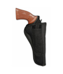 Black nylon revolver belt holster front view with long barrel profile and retention strap
