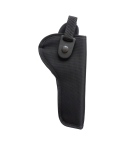 Black nylon thumb break revolver holster front view with snap retention strap and reinforced edge trim