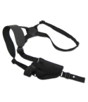 Black nylon vertical shoulder holster full harness view with adjustable straps