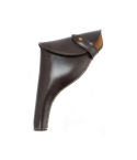 British-style leather revolver holster with flap closure, left-hand orientation, side profile view