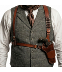 Brown leather double shoulder holster rig worn with single action revolver and matching belt front view