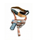 Brown leather shoulder holster system with adjustable straps and belt support, shown on white background