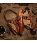 Brown premium leather adjustable chest rig holster displayed with full harness system