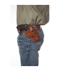 Tan leather Alaska Hunter hip holster worn OWB on belt for strong-side carry