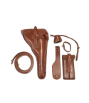 Brown leather artillery Luger holster with matching leather accessories and straps